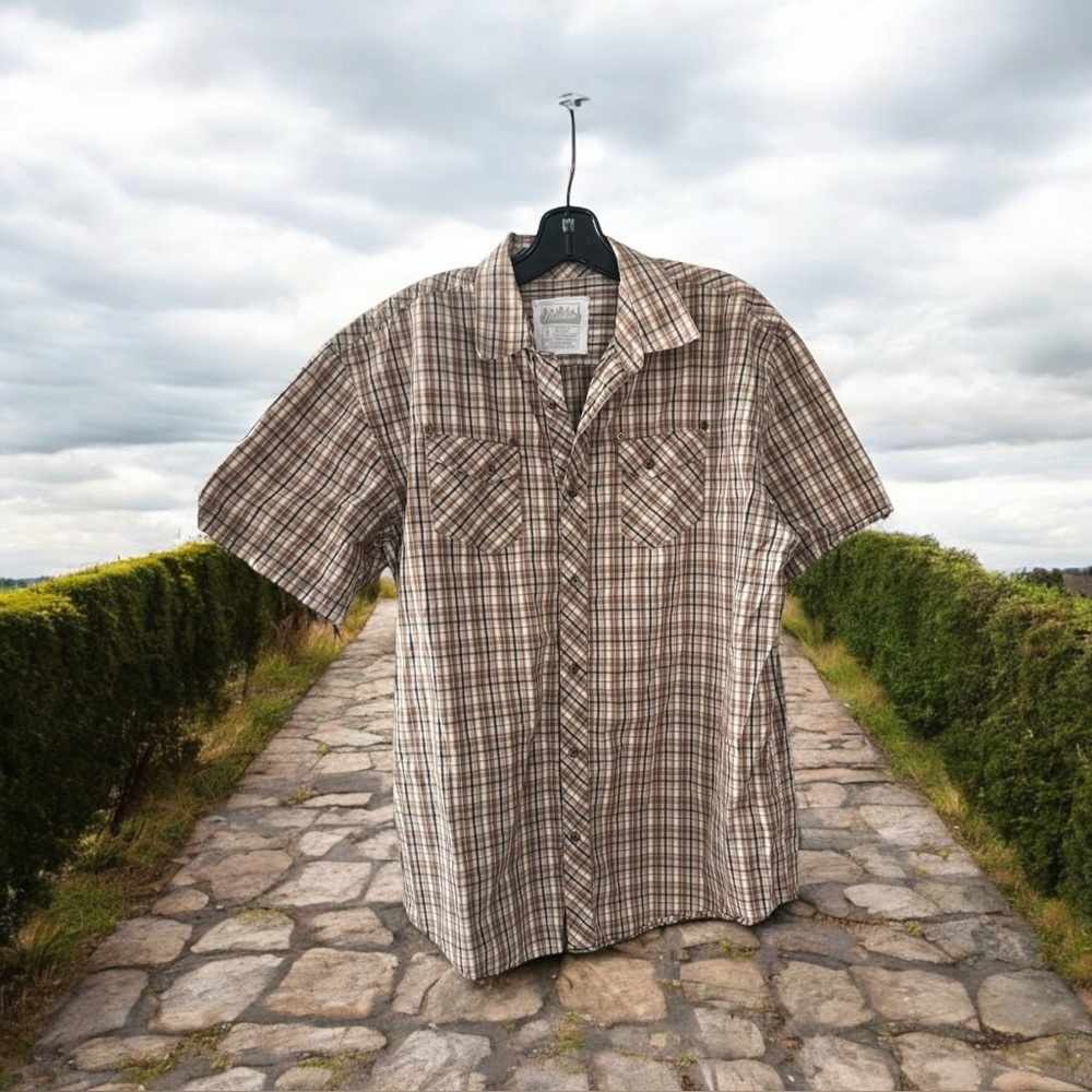 Midtown Button Up Shirt Men's Size L Short Sleeve Brown & Blue Line 100% Cotton